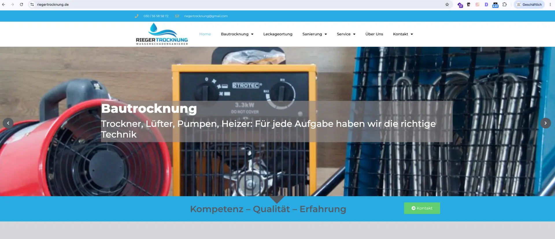 Alte Website von Rieger Trocknung – vorher