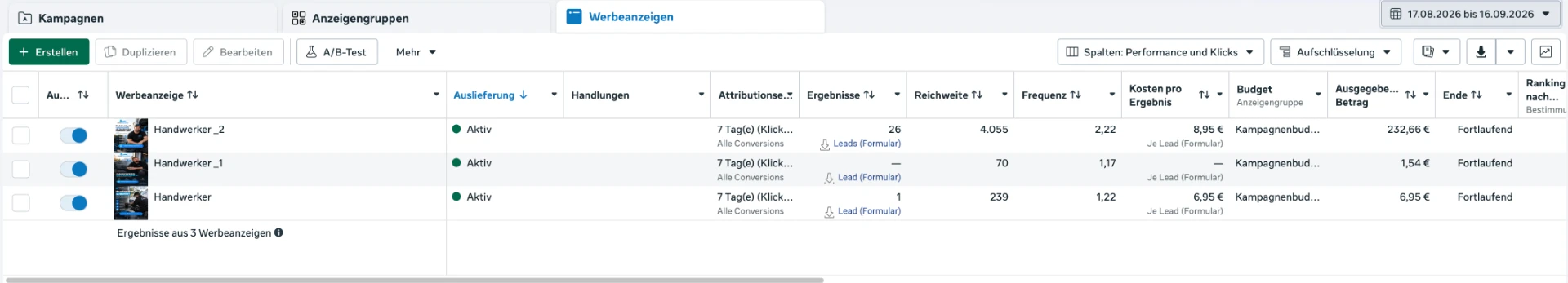 Meta Ads Manager: Werbeanzeigen der Recruiting-Kampagne mit Ergebnissen, Kosten pro Ergebnis und Ausgaben