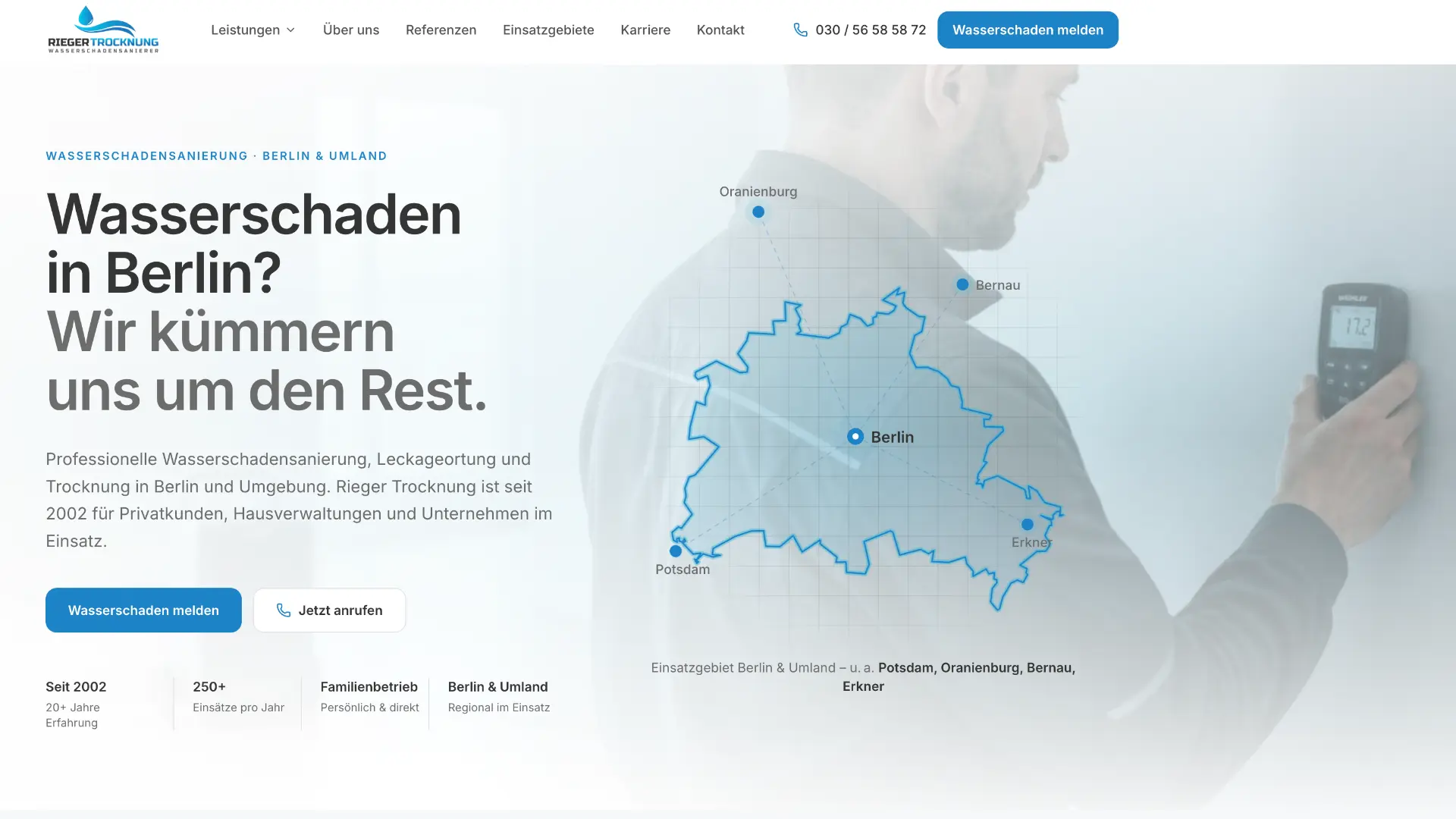 Neue Website von Rieger Trocknung – Hero-Bereich mit Einsatzgebiet-Karte