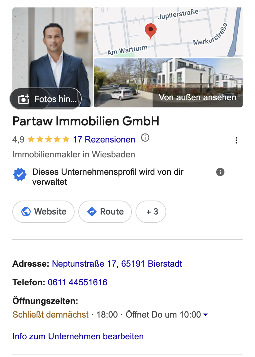 Google Business Profile von Partaw Immobilien: 4,9 Sterne aus 17 Rezensionen, Immobilienmakler in Wiesbaden