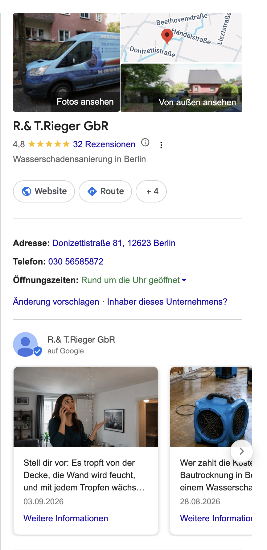 Google Business Profile von R.& T. Rieger GbR: 4,8 Sterne aus 32 Rezensionen, Wasserschadensanierung in Berlin