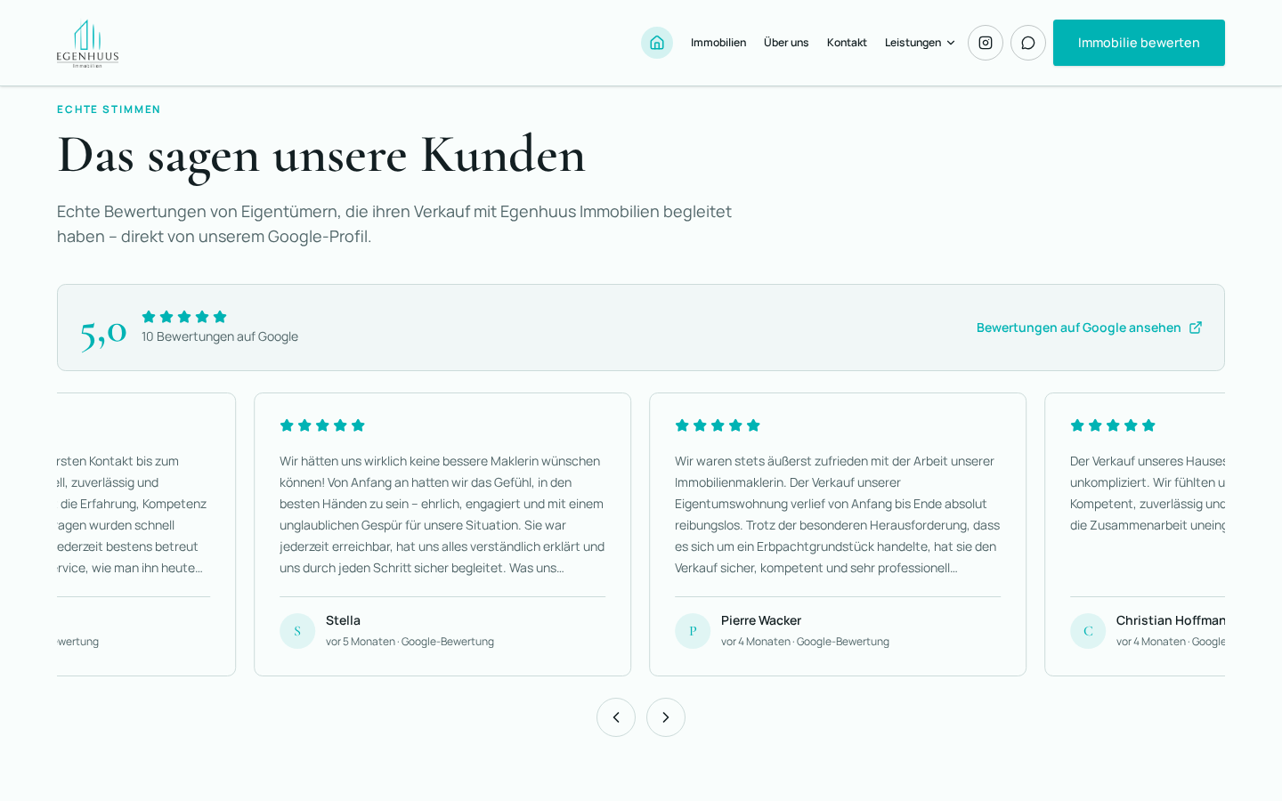 Google-Bewertungen auf der Website von Egenhuus Immobilien