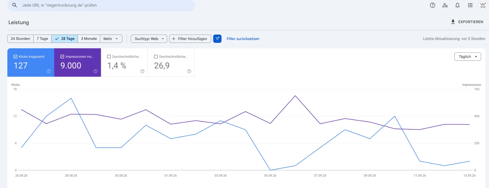Google Search Console Leistung für riegertrocknung.de: 127 Klicks und 9.000 Impressionen in 28 Tagen