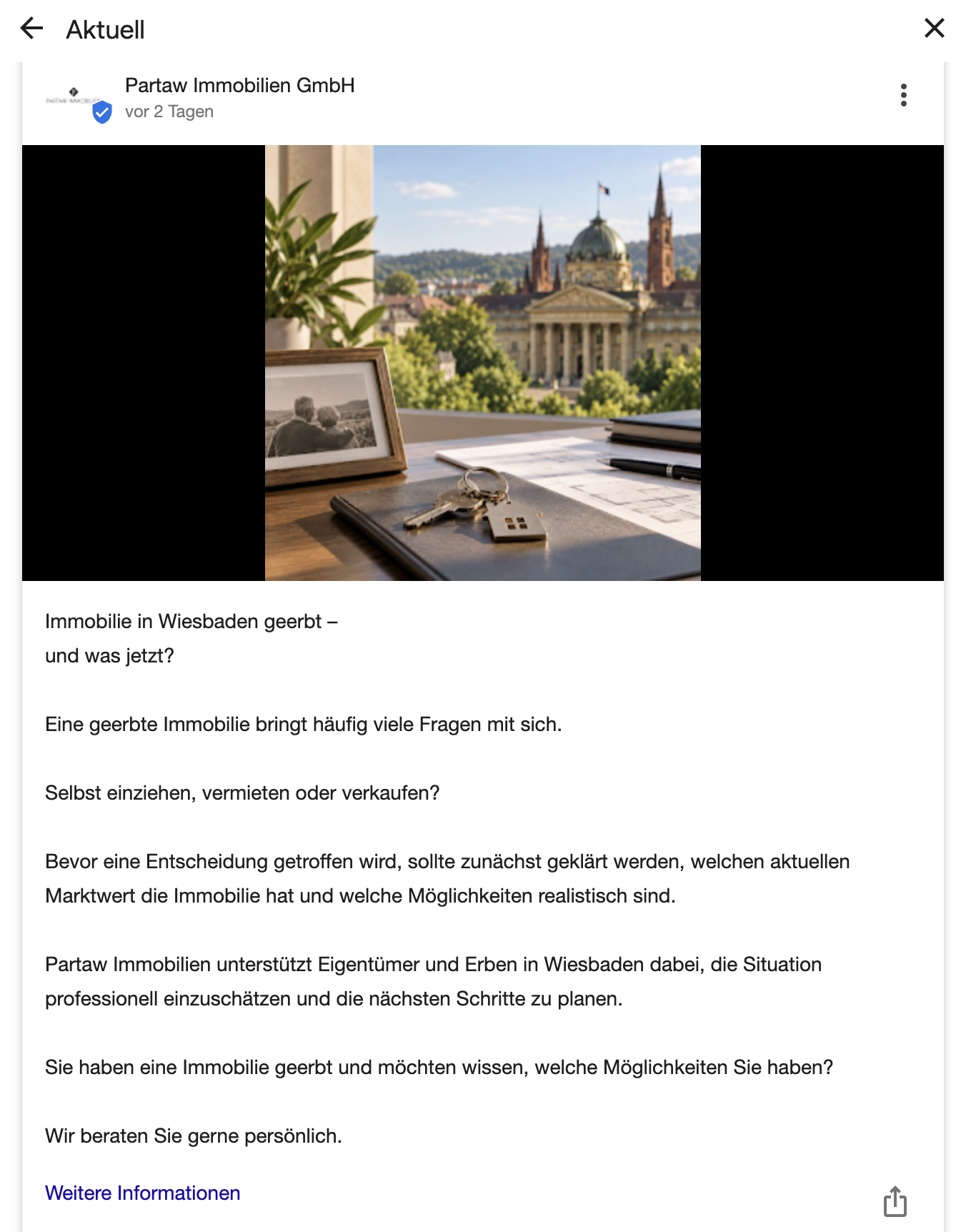Google Beitrag von Partaw Immobilien: „Immobilie in Wiesbaden geerbt – und was jetzt?“