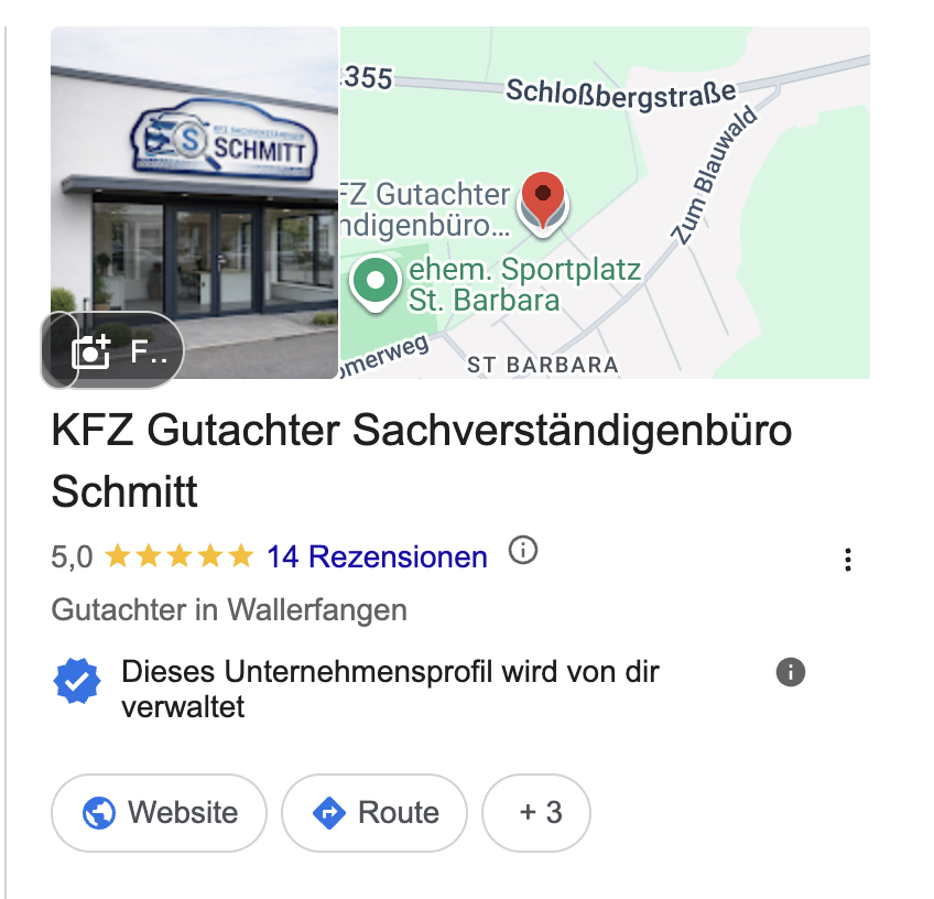 Google Business Profile von KFZ Gutachter Sachverständigenbüro Schmitt: 5,0 Sterne aus 14 Rezensionen, Gutachter in Wallerfangen