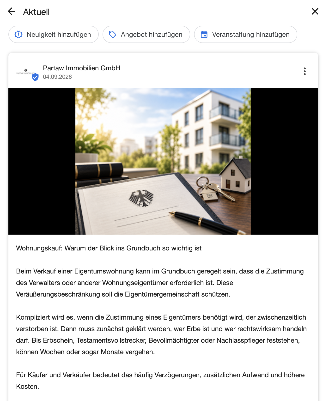 Google Beitrag von Partaw Immobilien: „Wohnungskauf: Warum der Blick ins Grundbuch so wichtig ist“