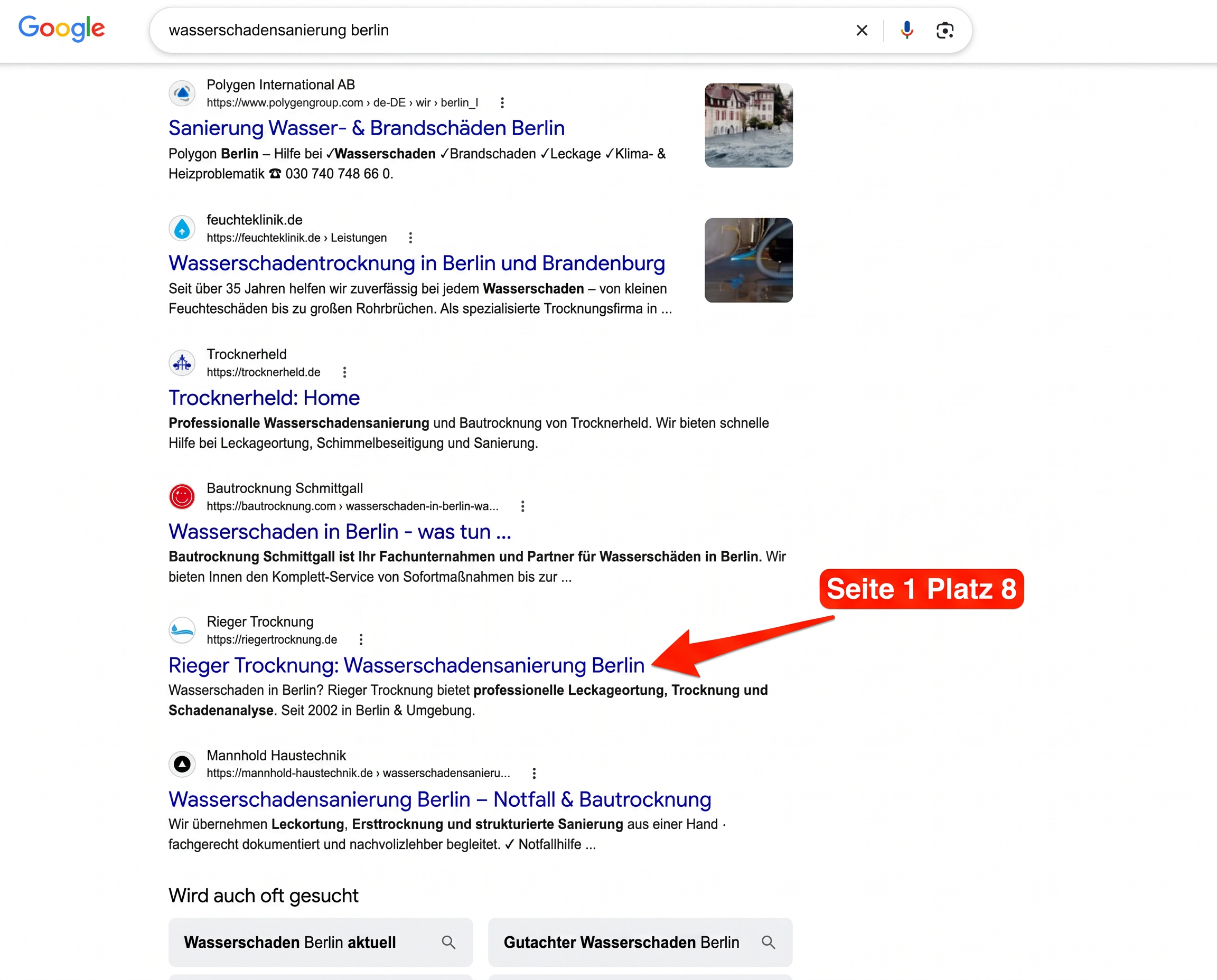 Google-Suchergebnis für „wasserschadensanierung berlin“ – Rieger Trocknung auf Seite 1, Platz 8