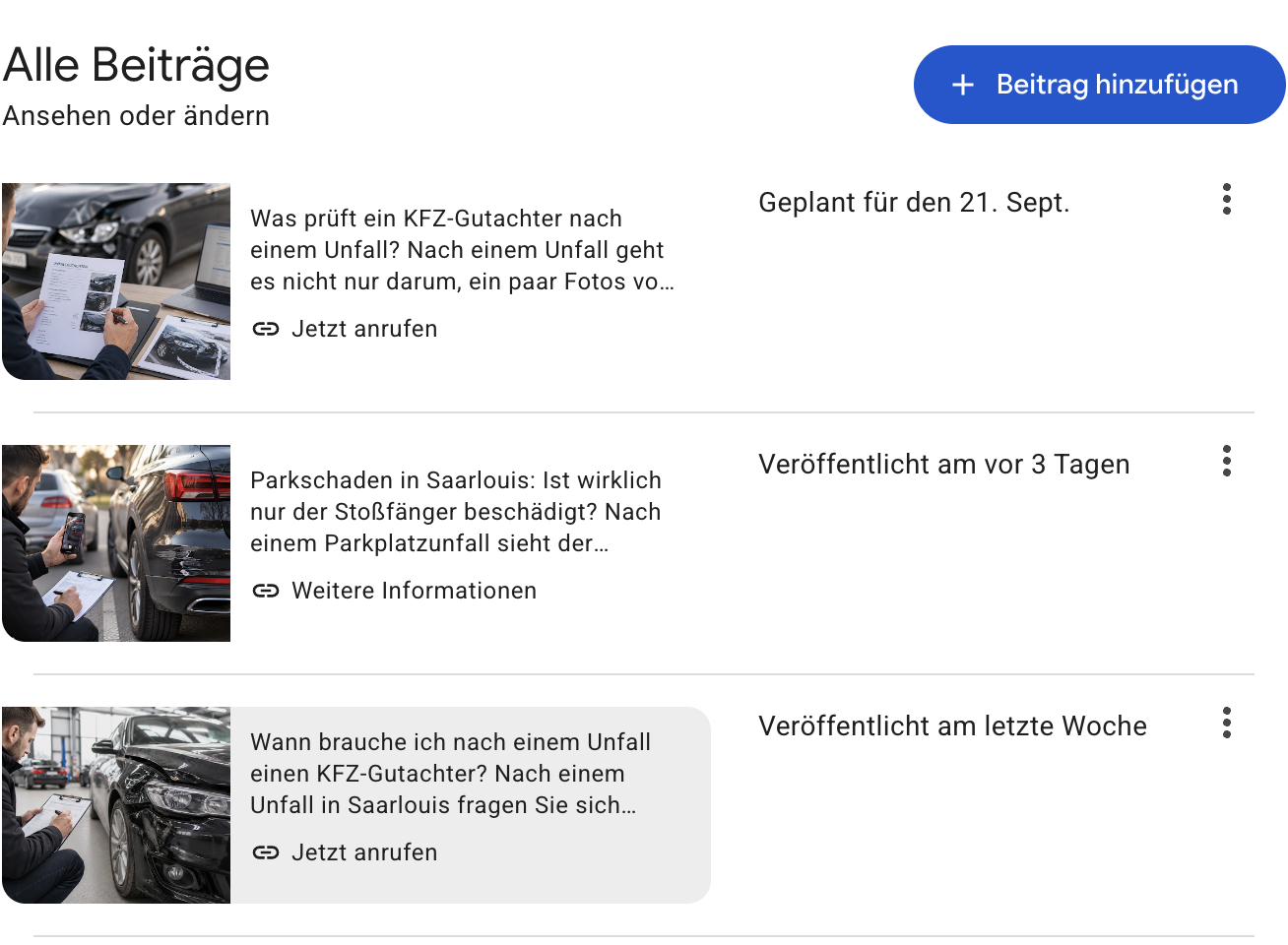 Google Beiträge im Unternehmensprofil von KFZ-Gutachter360: aktuelle Beiträge zu Unfallgutachten und Parkschaden in Saarlouis