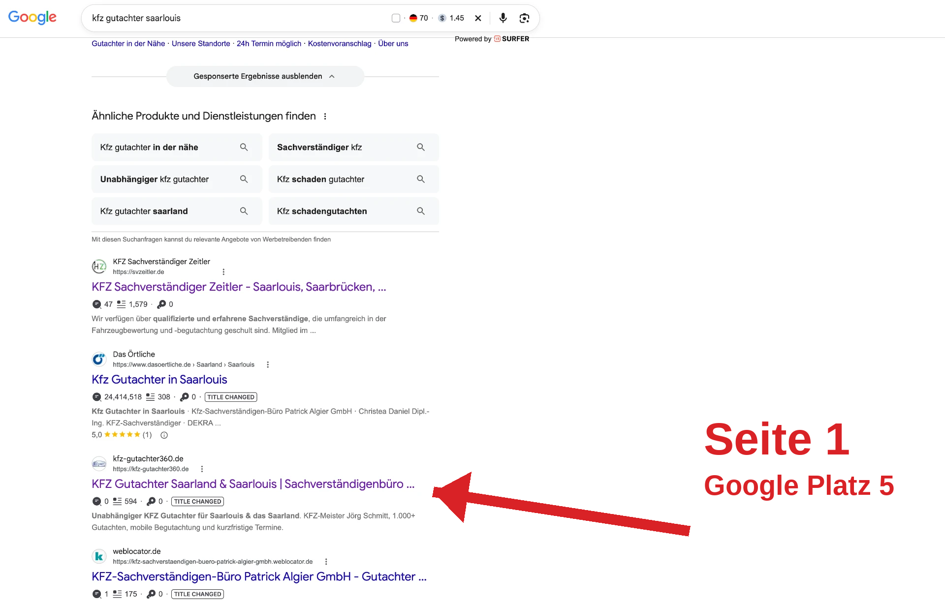 Google-Suche nach „kfz gutachter saarlouis“ – KFZ-Gutachter360 auf Seite 1, Platz 5